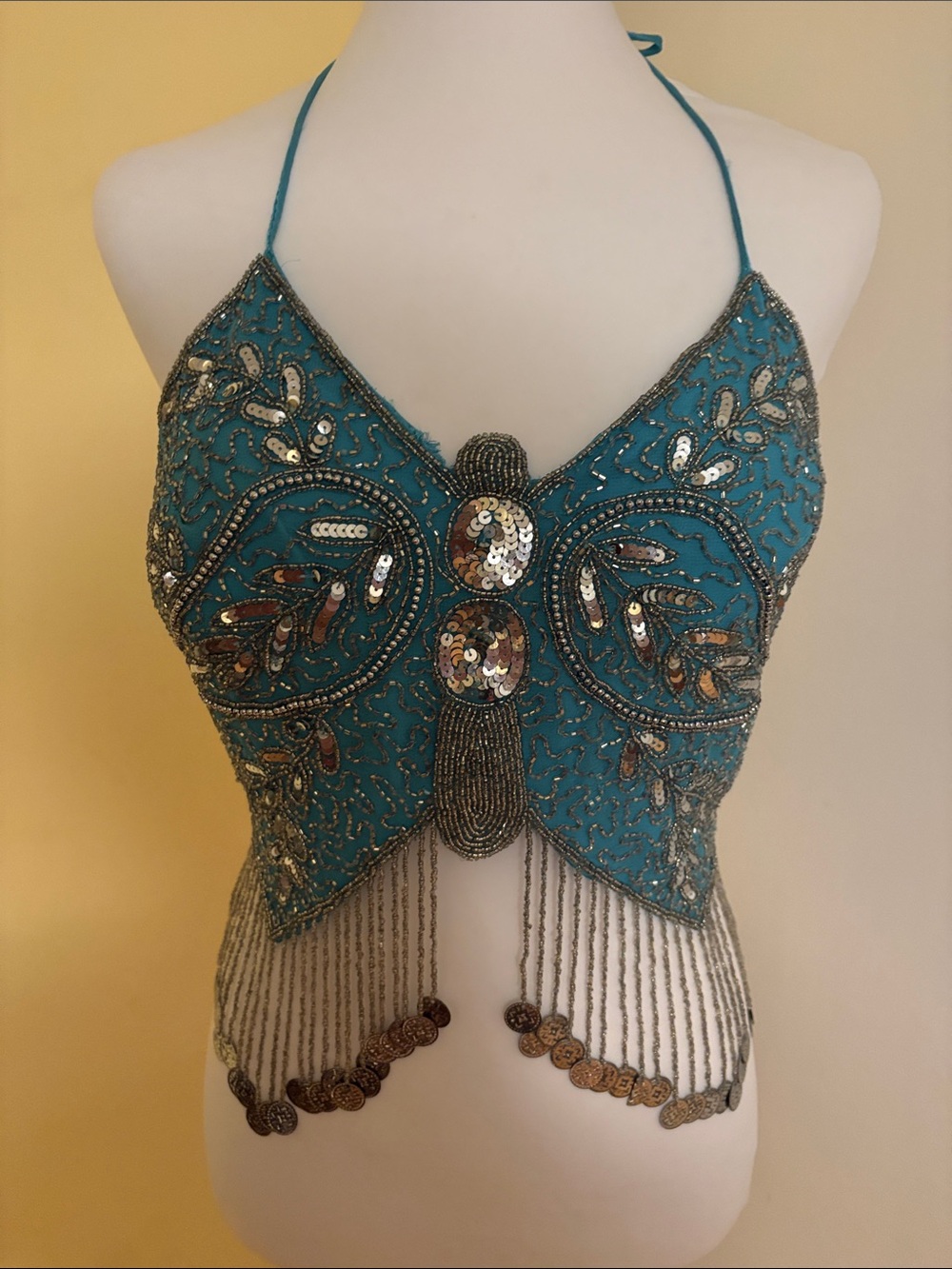 Beaded Teal Halter Sequin Fringe Camisole